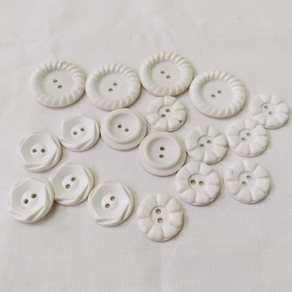 Vintage White Plastic Carved Button Lot Round Flower Etched  Geometric